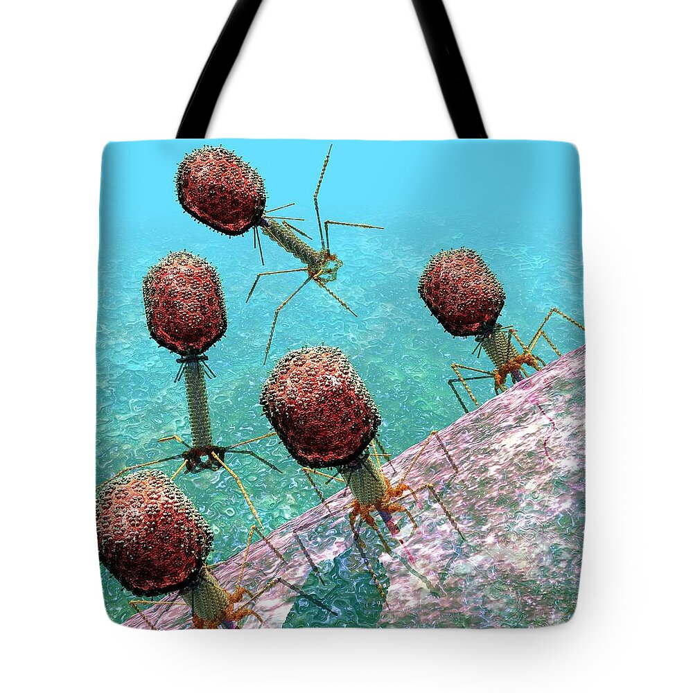 Bacteria Tote Bag featuring the digital art Bacteriophage T4 virus group 1 by Russell Kightley
