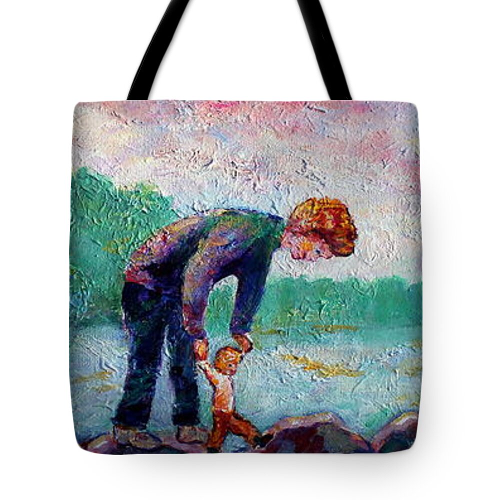 Children Balancing On The Rocks By The Shore Of The Lake Tote Bag featuring the painting Balance by Naomi Gerrard