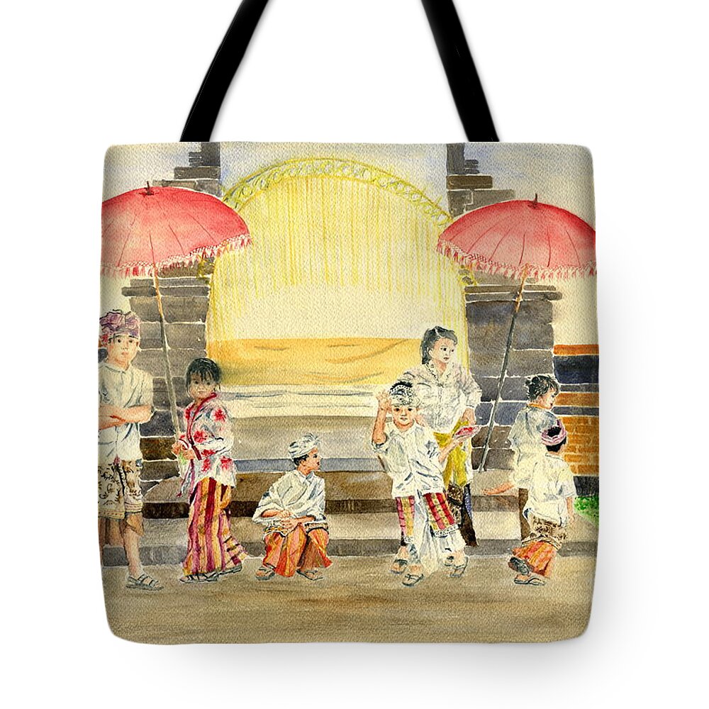Balinese Children Tote Bag featuring the painting Balinese Children in Traditional Clothing by Melly Terpening