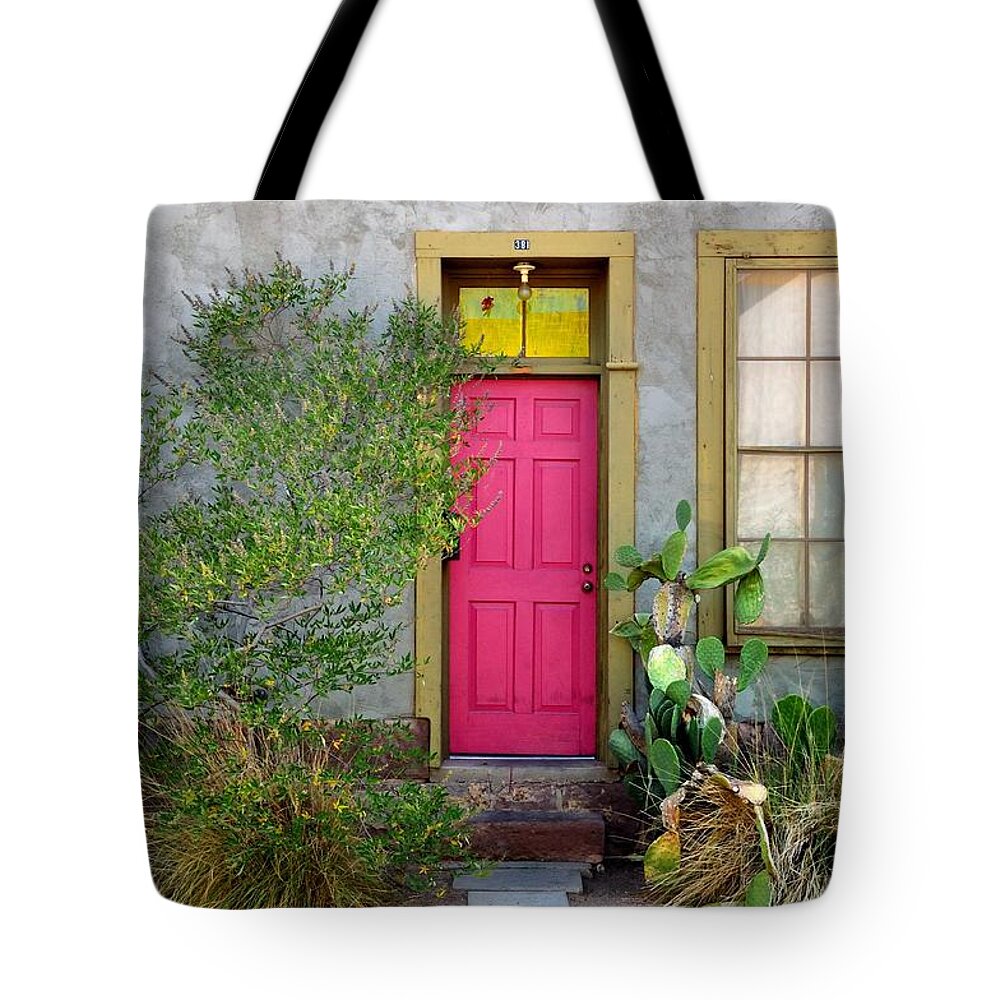  Tote Bag featuring the photograph Barrio Door Pink and Gray by Mark Valentine