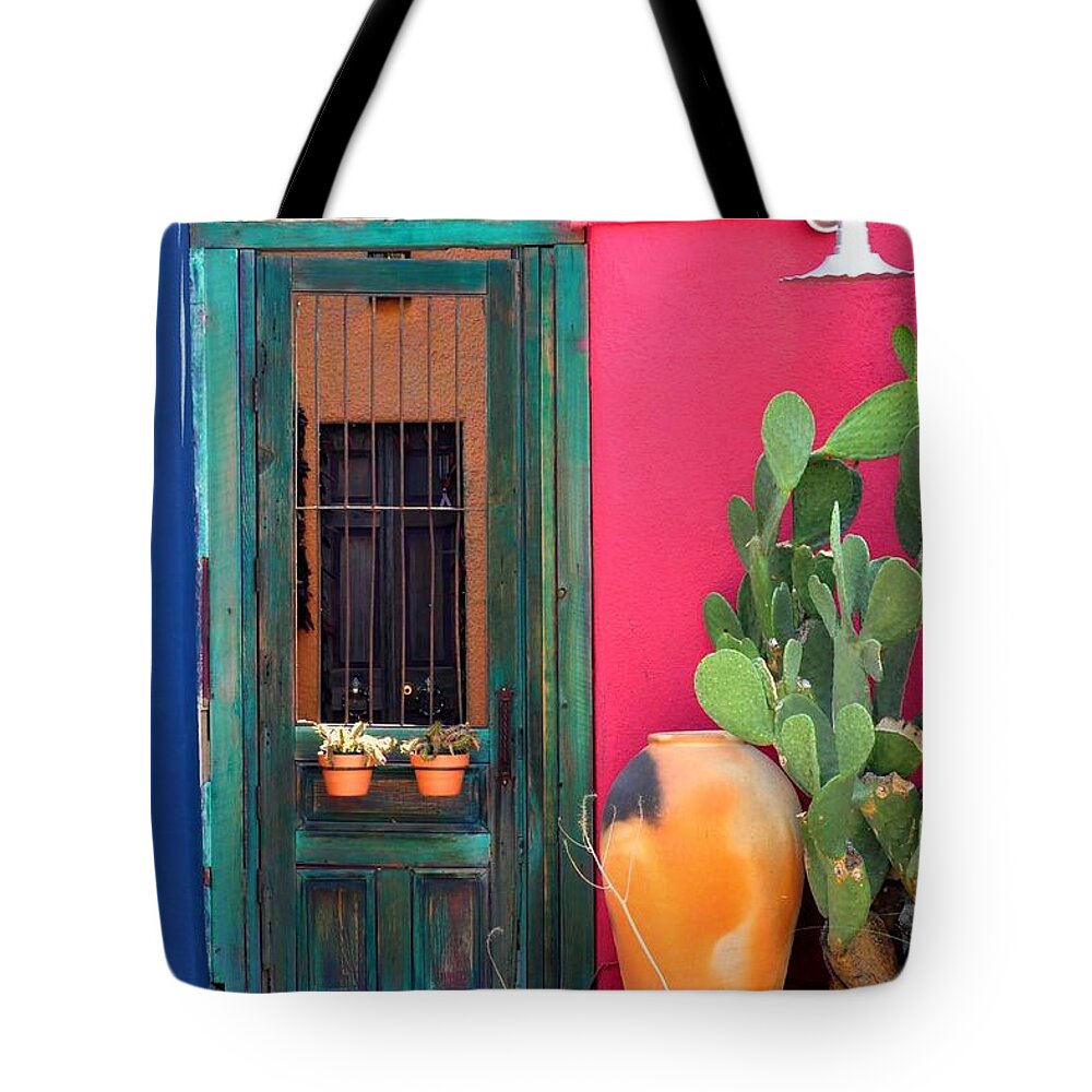 Tucson Tote Bag featuring the photograph Barrio Door Pink Blue and Gray by Mark Valentine