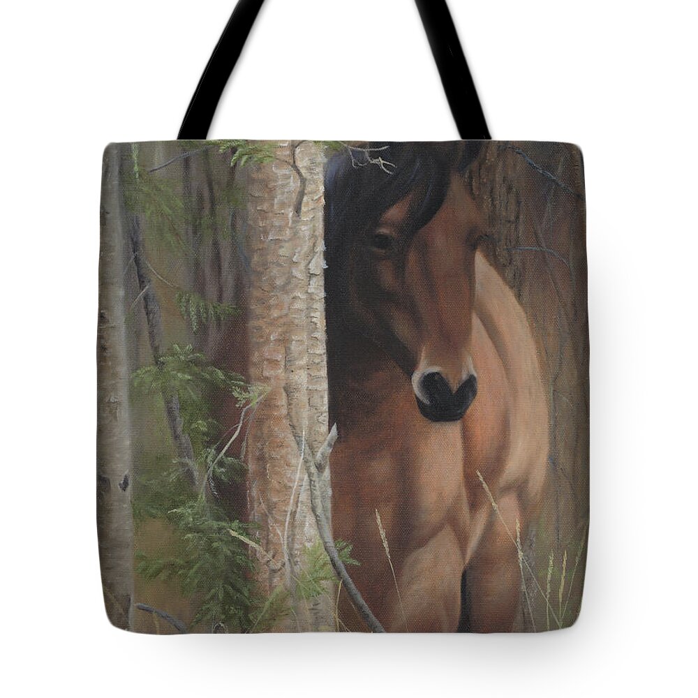 Horse Behind Tree Tote Bag featuring the painting Bashful by Tammy Taylor