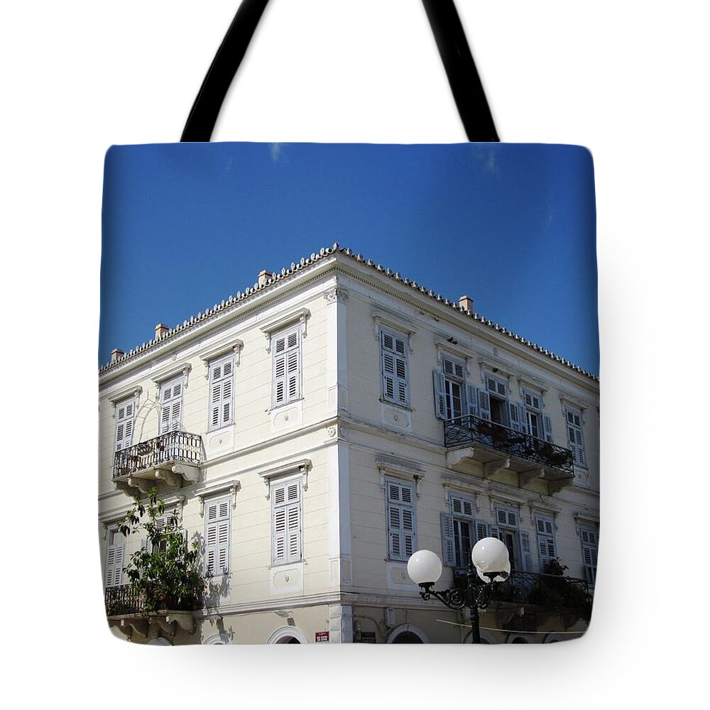Nafplion Tote Bag featuring the photograph Beautiful Nafplion Bay Architectural Home Building with Arches in Greece by John Shiron