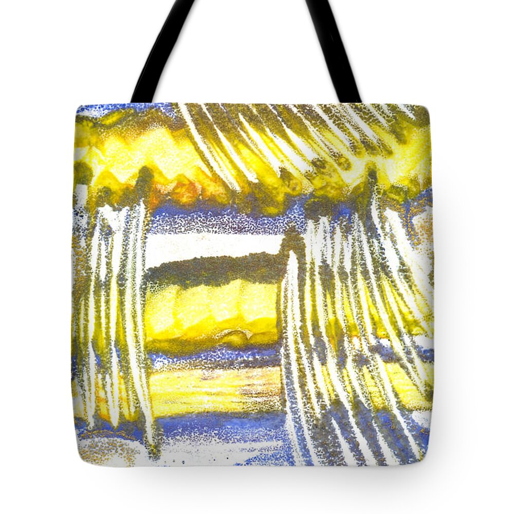 Blue Yellow Gold Abstract Expressionist Process Tote Bag featuring the painting Beyond by Heather Hennick