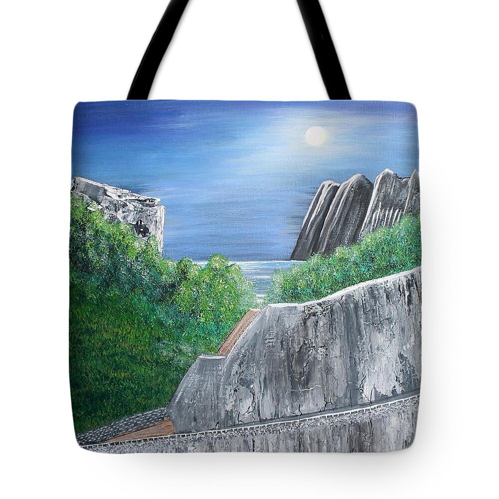 Rocks Tote Bag featuring the painting Beyond the Rock by Debbie Levene