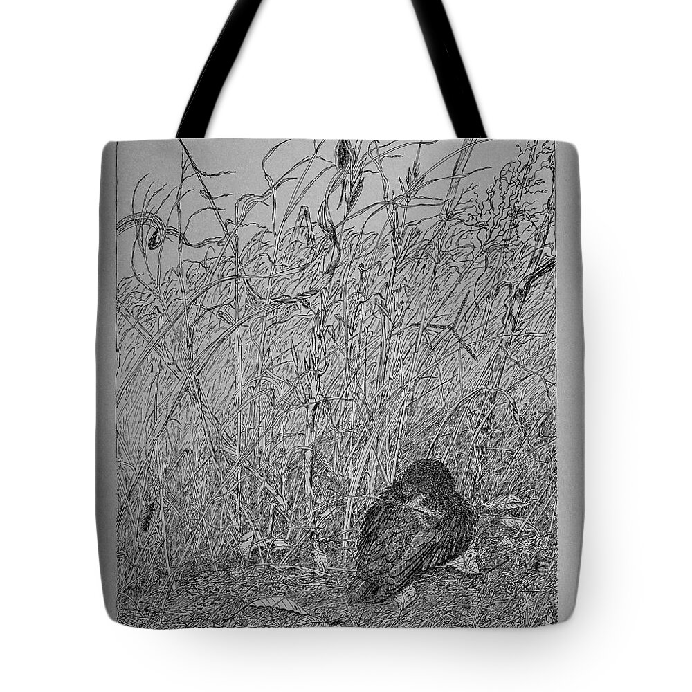 Pin And Ink Tote Bag featuring the drawing Bird In Winter by Daniel Reed