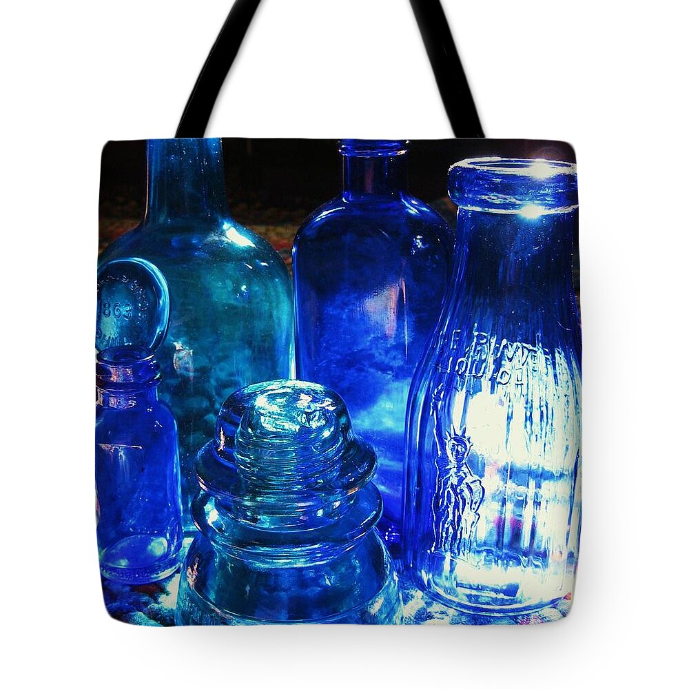 Blue Tote Bag featuring the photograph Old Blue Bottles by John Scates