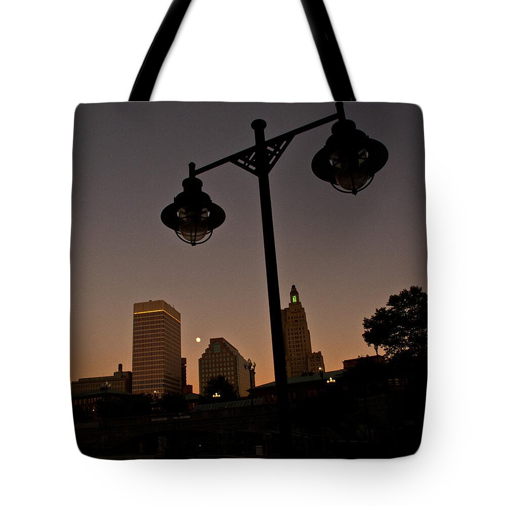 Blue Moon Tote Bag featuring the photograph Blue Moon over Downtown Providence 1 by Nancy De Flon