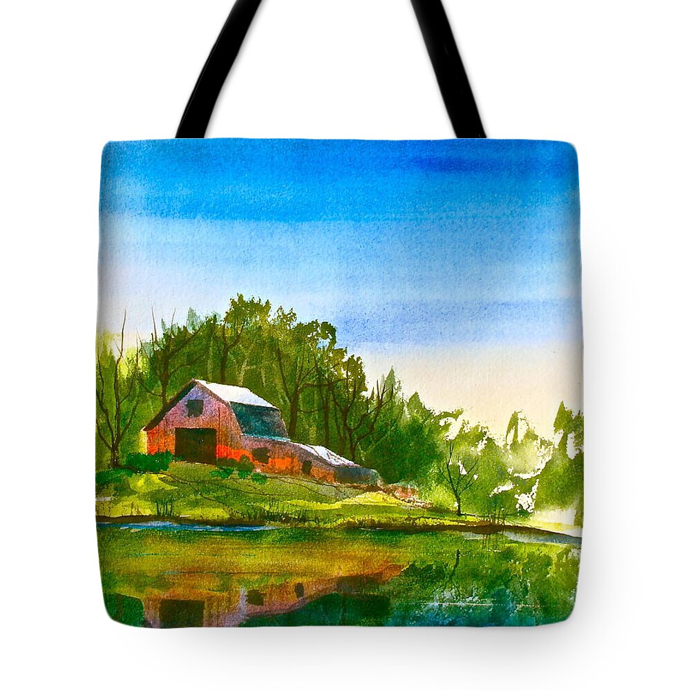 Blue Tote Bag featuring the painting Blue Sky River by Frank SantAgata