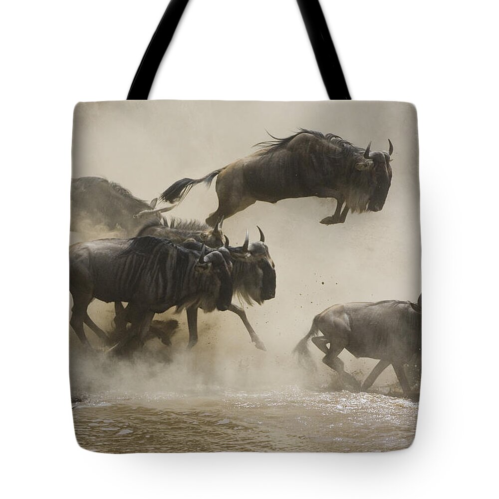 00761256 Tote Bag featuring the photograph Blue Wildebeest Crossing Mara River by Suzi Eszterhas