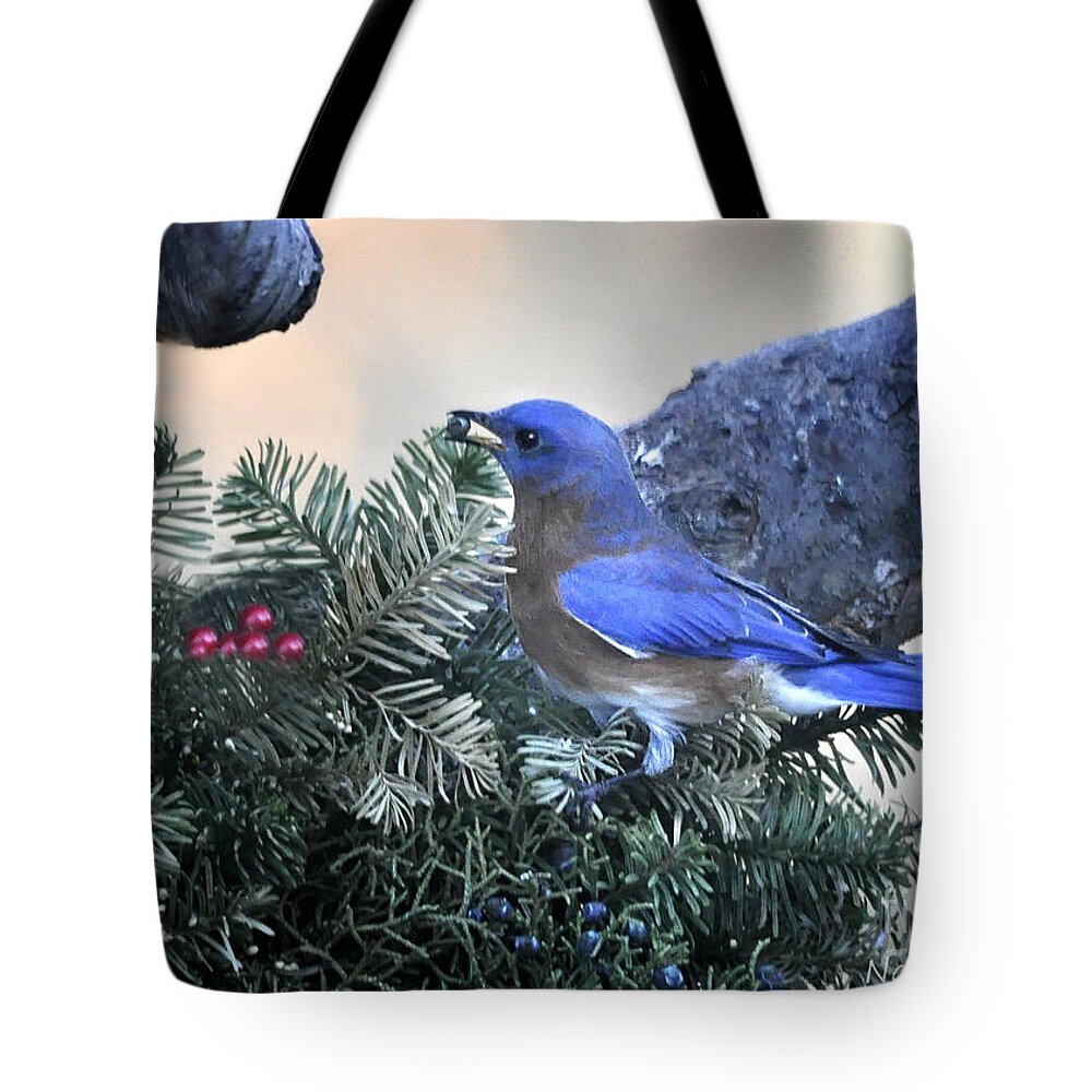 Nature Tote Bag featuring the photograph Bluebird Christmas Wreath #3 by Nava Thompson