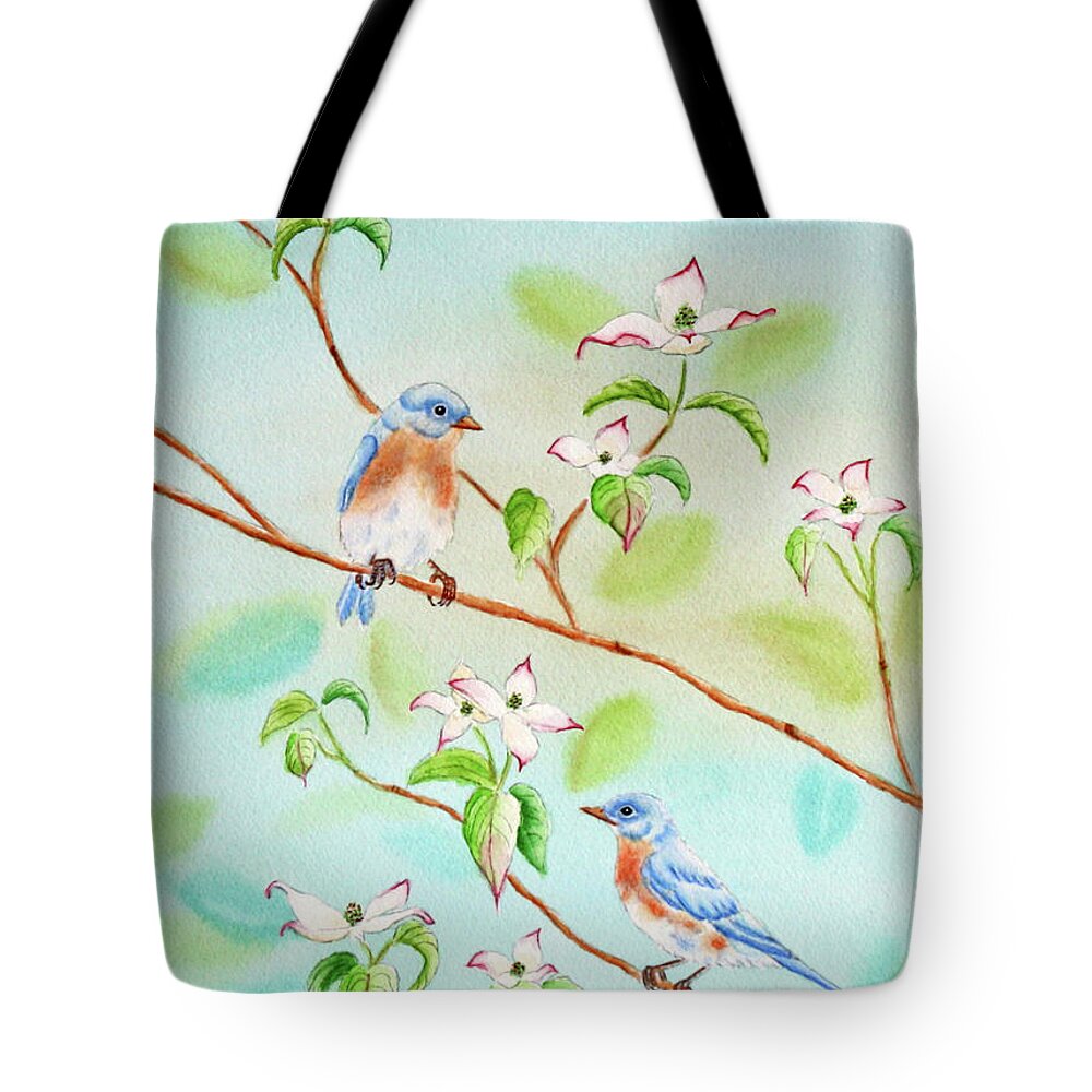 Bluebirds Tote Bag featuring the painting Bluebirds In Dogwood Tree II by Kathryn Duncan
