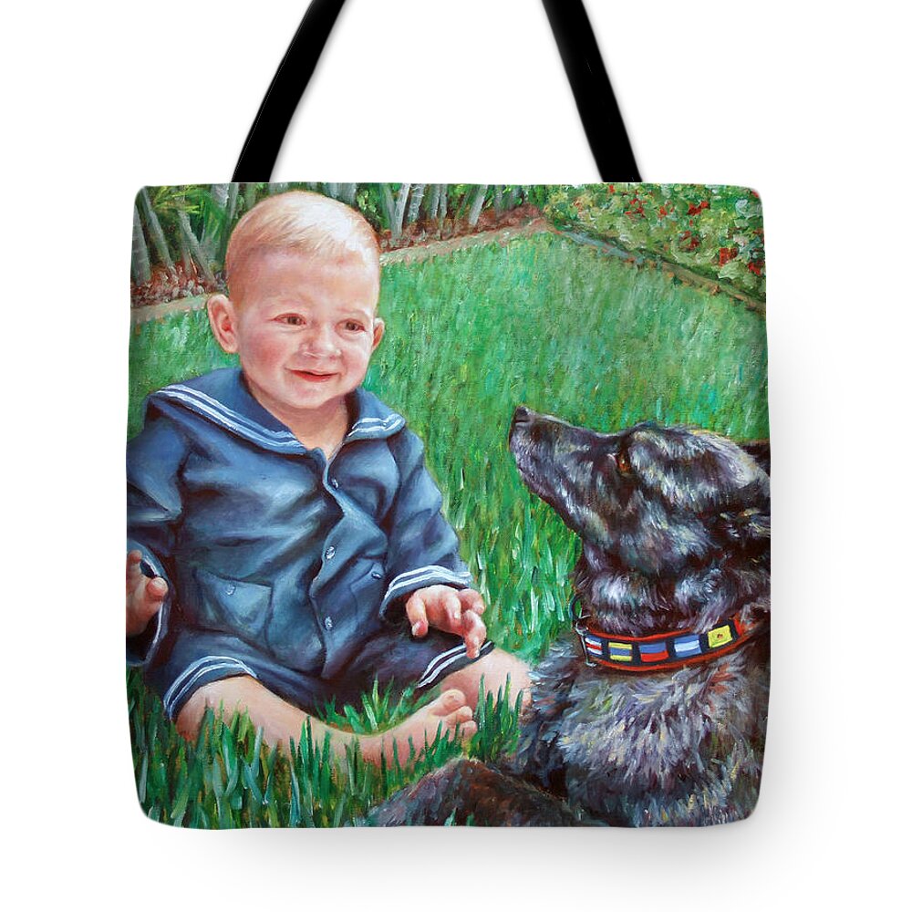  Tote Bag featuring the painting Bobby and Cinder by Nancy Tilles