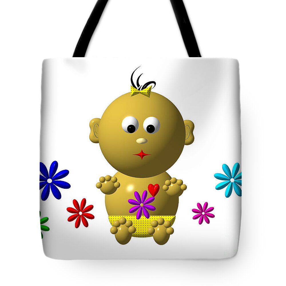 Girls Tote Bag featuring the digital art Bouncing Baby Girl with 7 Flowers by Rose Santuci-Sofranko