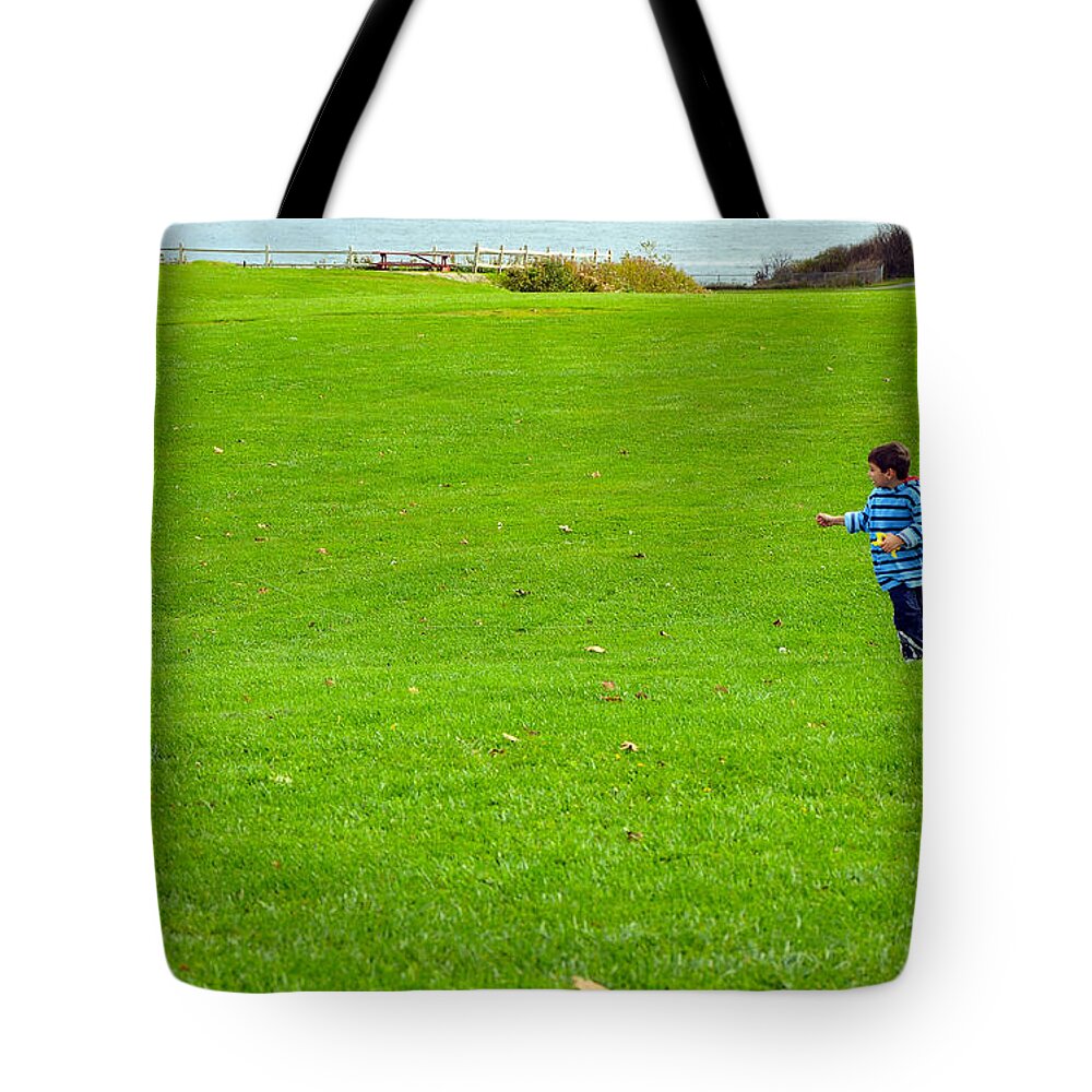 Kite Tote Bag featuring the photograph Boy With His Kite Maine by Maureen E Ritter