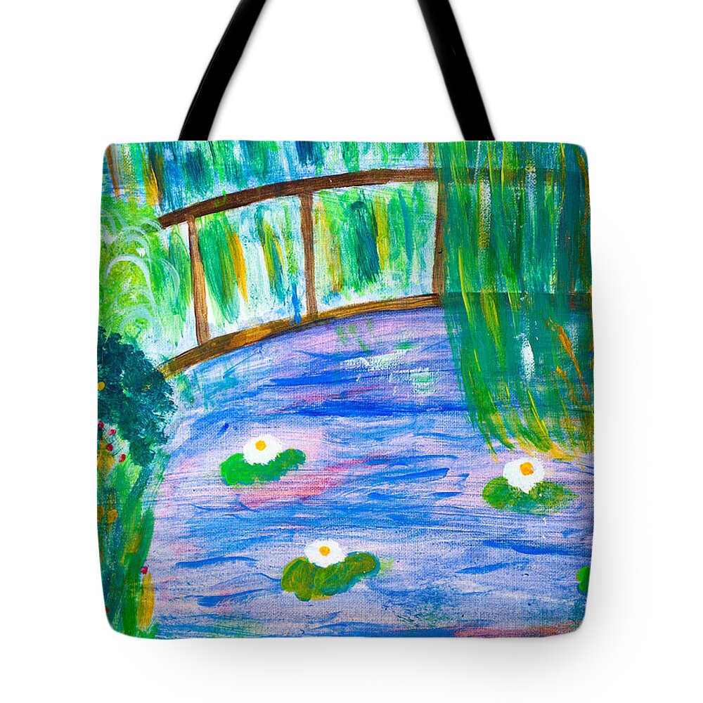 Acrylic Tote Bag featuring the painting Bridge of lily pond by Simon Bratt