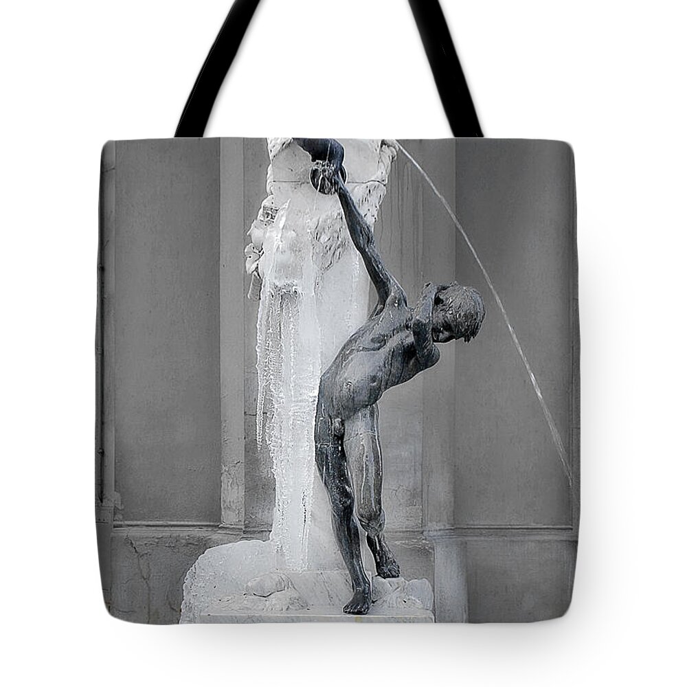 Art Nouveau Tote Bag featuring the photograph Brunnenbuberl - Boy at the fountain - Munich Germany by Alexandra Till