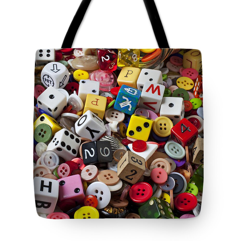 Glass Jar Tote Bag featuring the photograph Buttons and Dice by Garry Gay