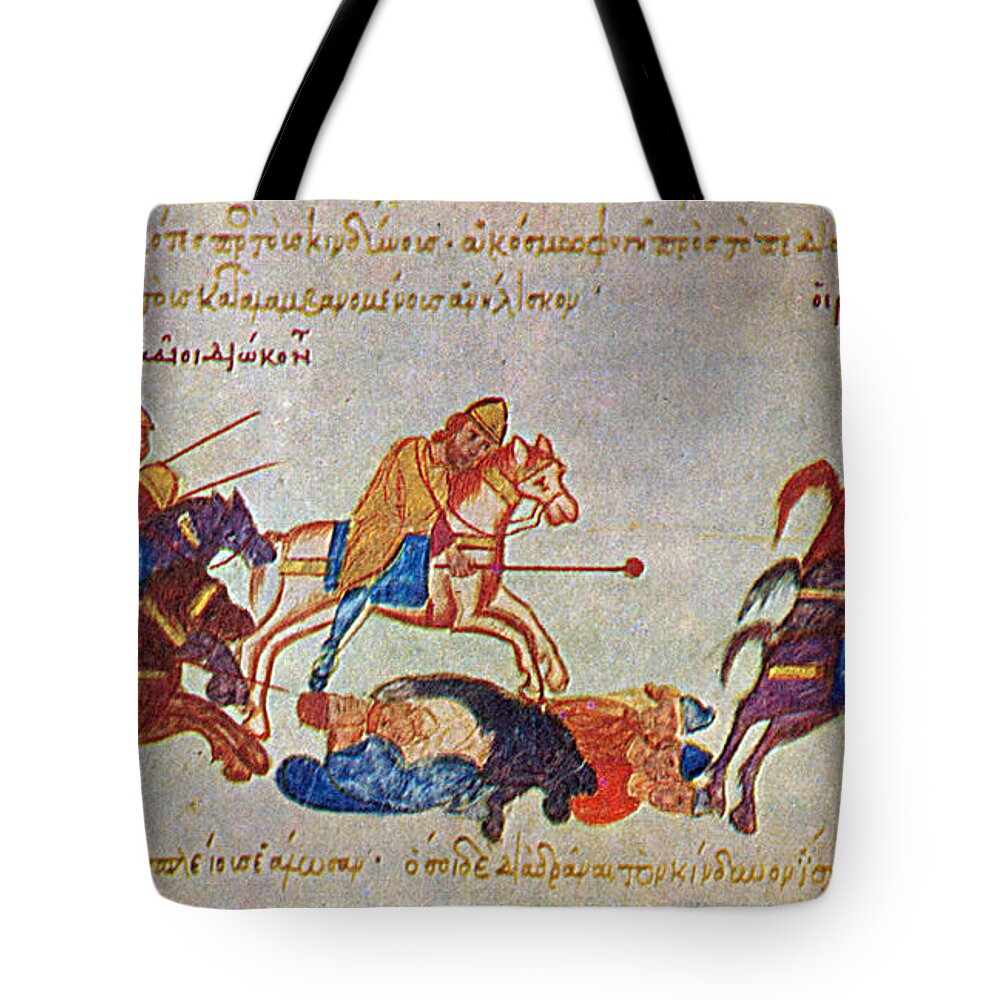 History Tote Bag featuring the photograph Byzantines Cavalrymen Pursuing The Rus by Photo Researchers