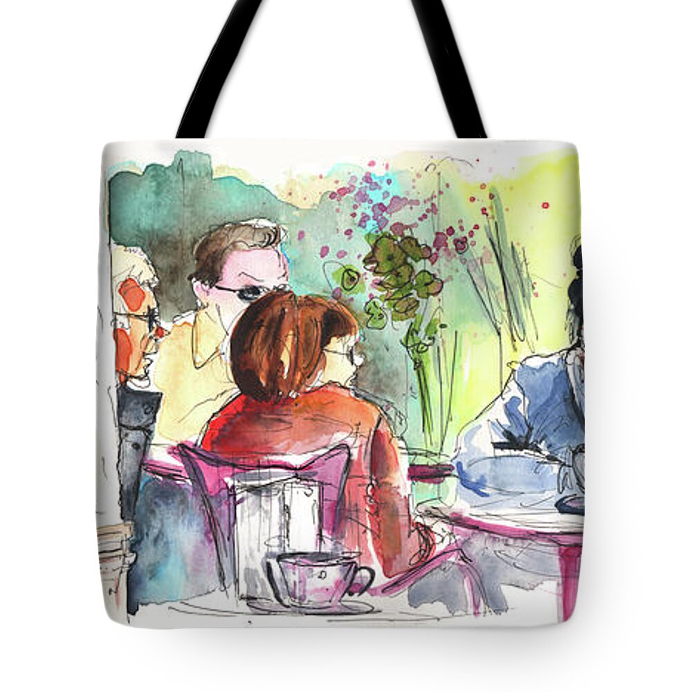 Spain Tote Bag featuring the painting Cafe Life in Spain 01 by Miki De Goodaboom