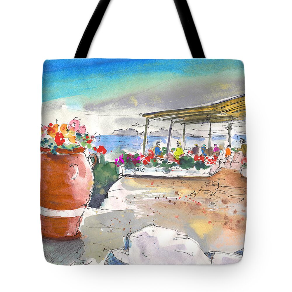 Travel Sketch Tote Bag featuring the painting Cafe on Agios Georgios Beach by Miki De Goodaboom