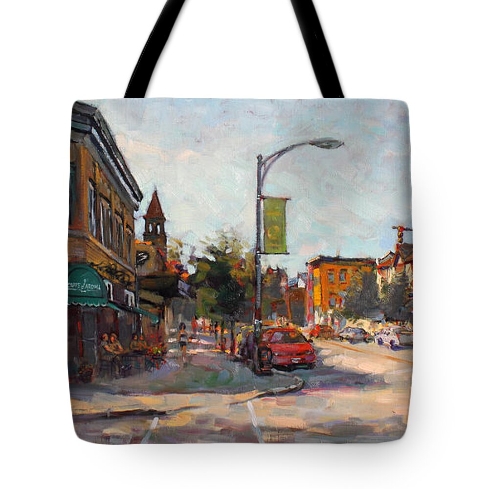 Caffe Aroma Tote Bag featuring the painting Caffe' Aroma in Elmwood Ave by Ylli Haruni