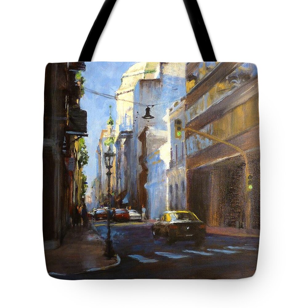 Landscape Tote Bag featuring the painting Calle Defensa by Peter Salwen