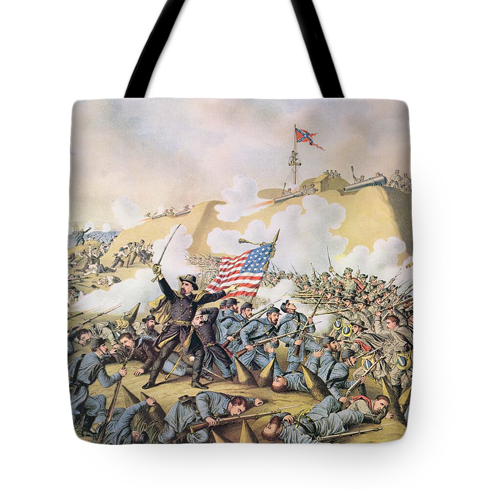Troops; Soldiers; Battle; Warfare; Gunfire;confederate; Union; Army; Federal; U S; U S A; American; Garrison; General Terry; Navy; Naval Tote Bag featuring the painting Capture of Fort Fisher 15th January 1865 by American School