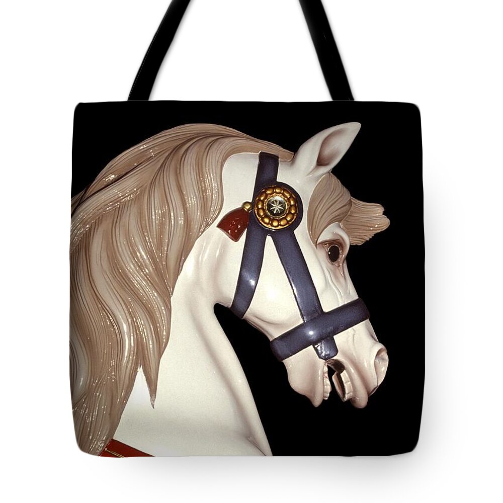Carousel Tote Bag featuring the photograph carousel horses photographs - Champagne Champion by Sharon Hudson