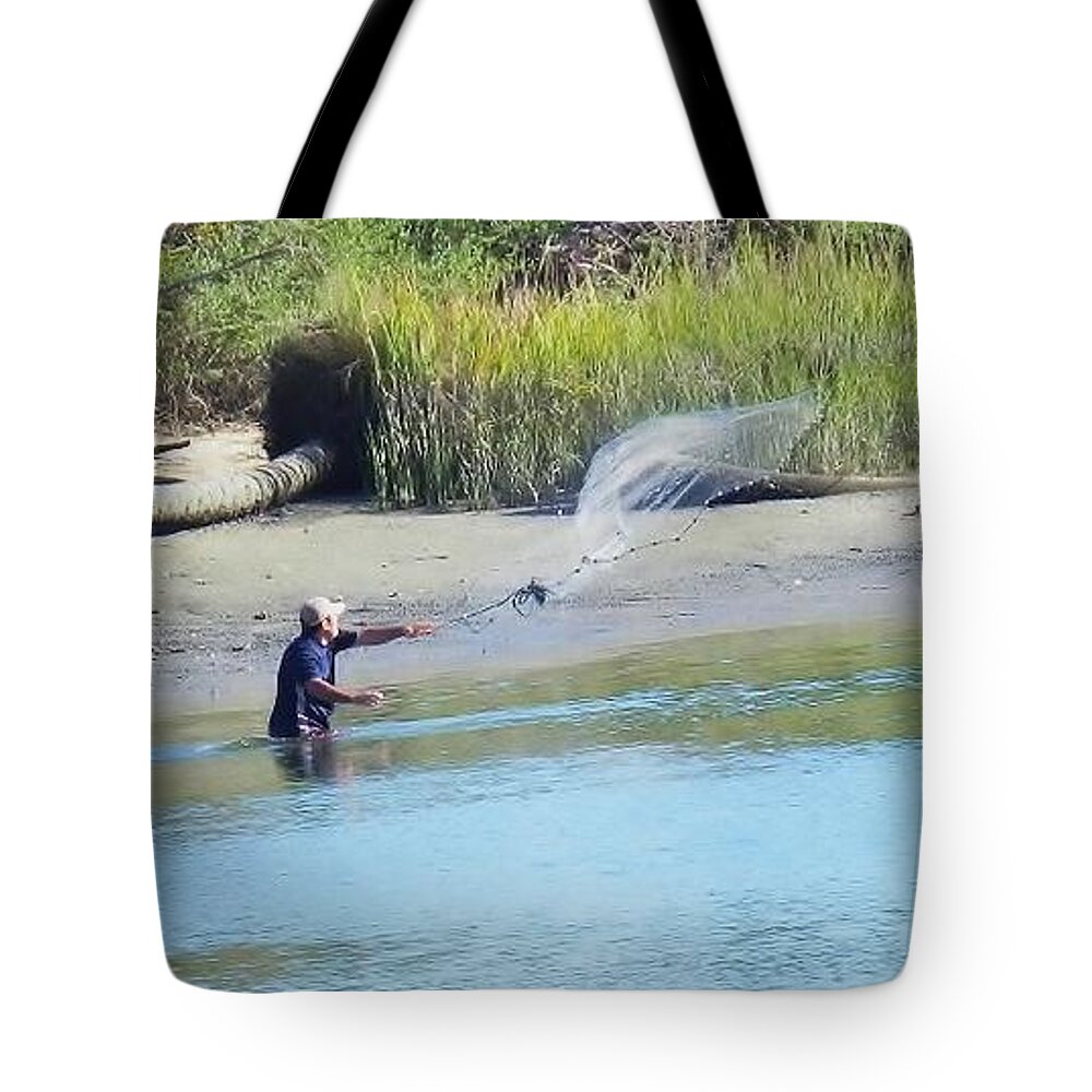 Cast Netting Tote Bag featuring the photograph Casting for Shrimp at Hunting Island by Patricia Greer