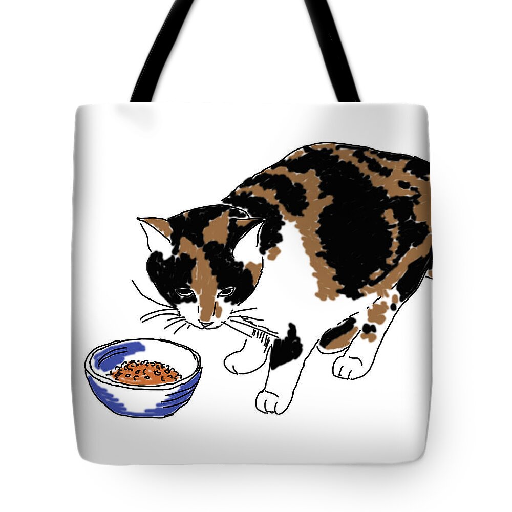  Tote Bag featuring the drawing Cat And Kibble by Daniel Reed