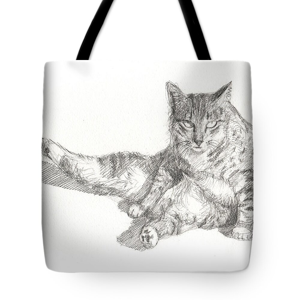 Cat Sitting Tote Bag featuring the drawing Cat Sitting by Kazumi Whitemoon