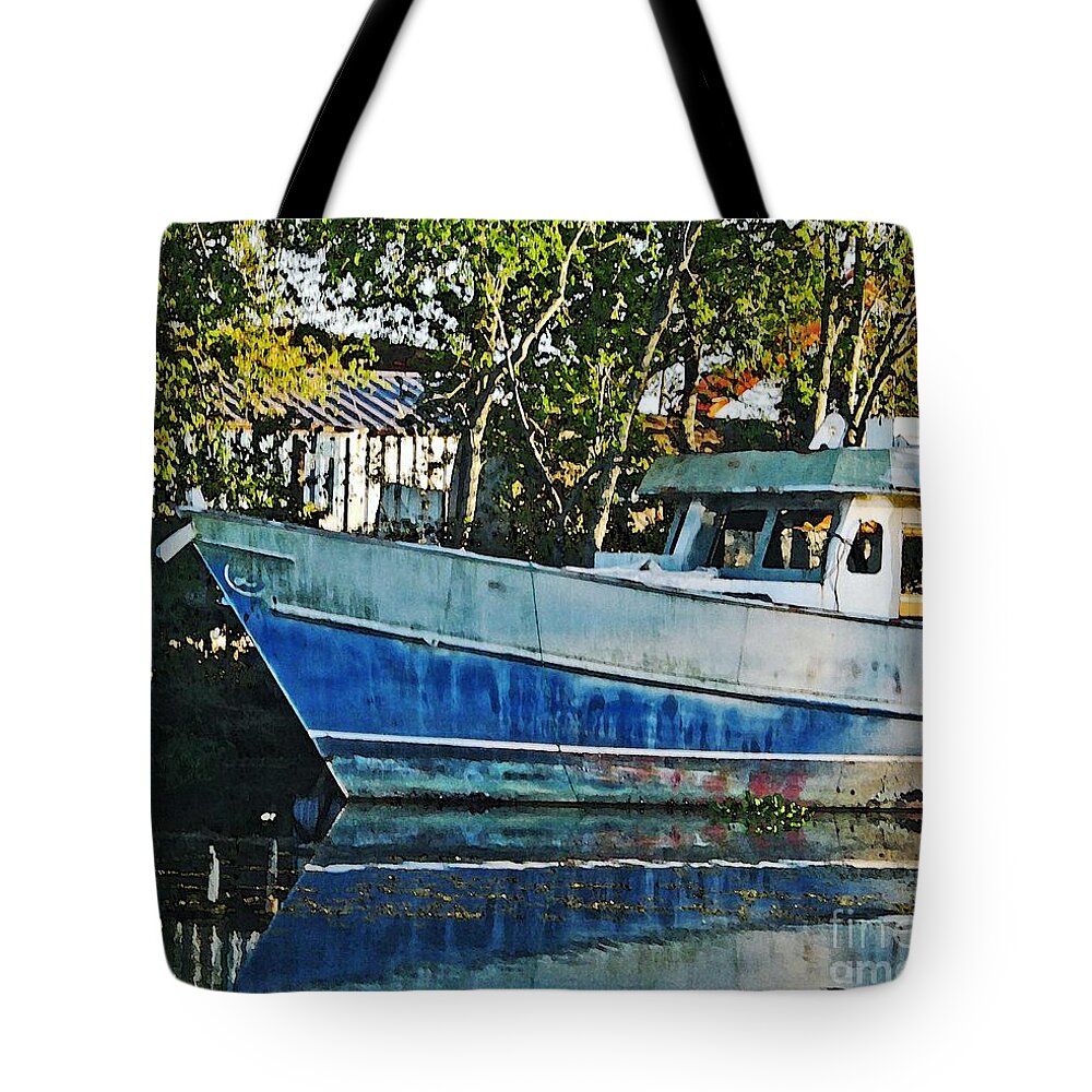 Fishing Boat Tote Bag featuring the photograph Chauvin LA Blue Bayou Boat by Lizi Beard-Ward