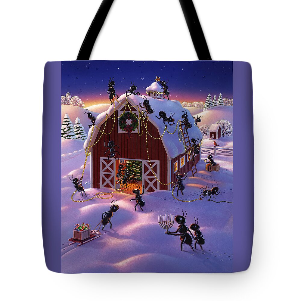  Ants Tote Bag featuring the painting Christmas Decorator Ants by Robin Moline