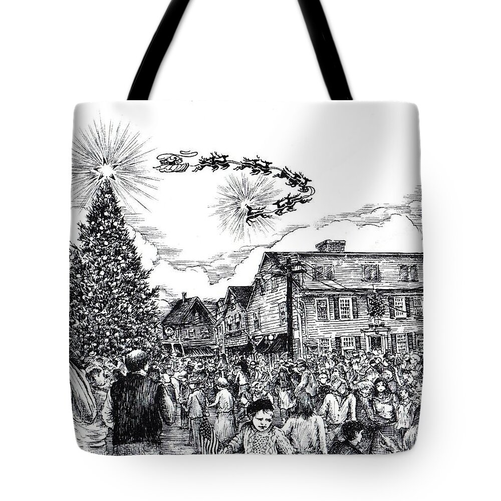 Rockport Tote Bag featuring the drawing Christmas in Dock Square Rockport by James Oliver