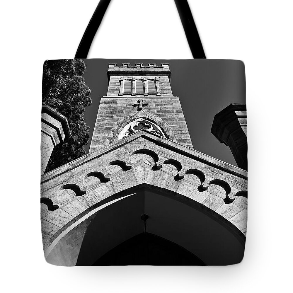 Cismont Tote Bag featuring the photograph Church Facade in Black and White by Lori Coleman
