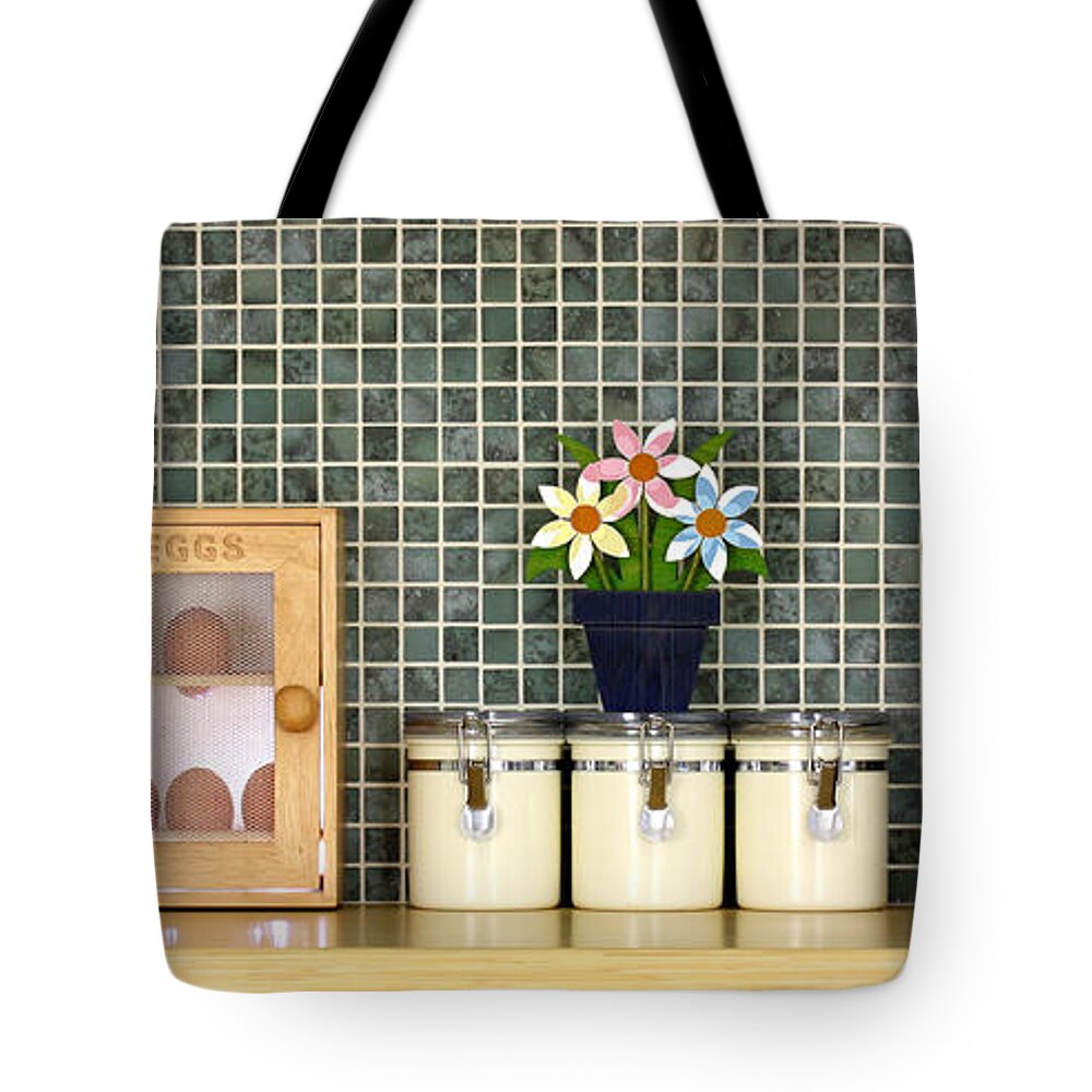 Block Tote Bag featuring the photograph Clean kitchen worktop with kitchen items by Simon Bratt