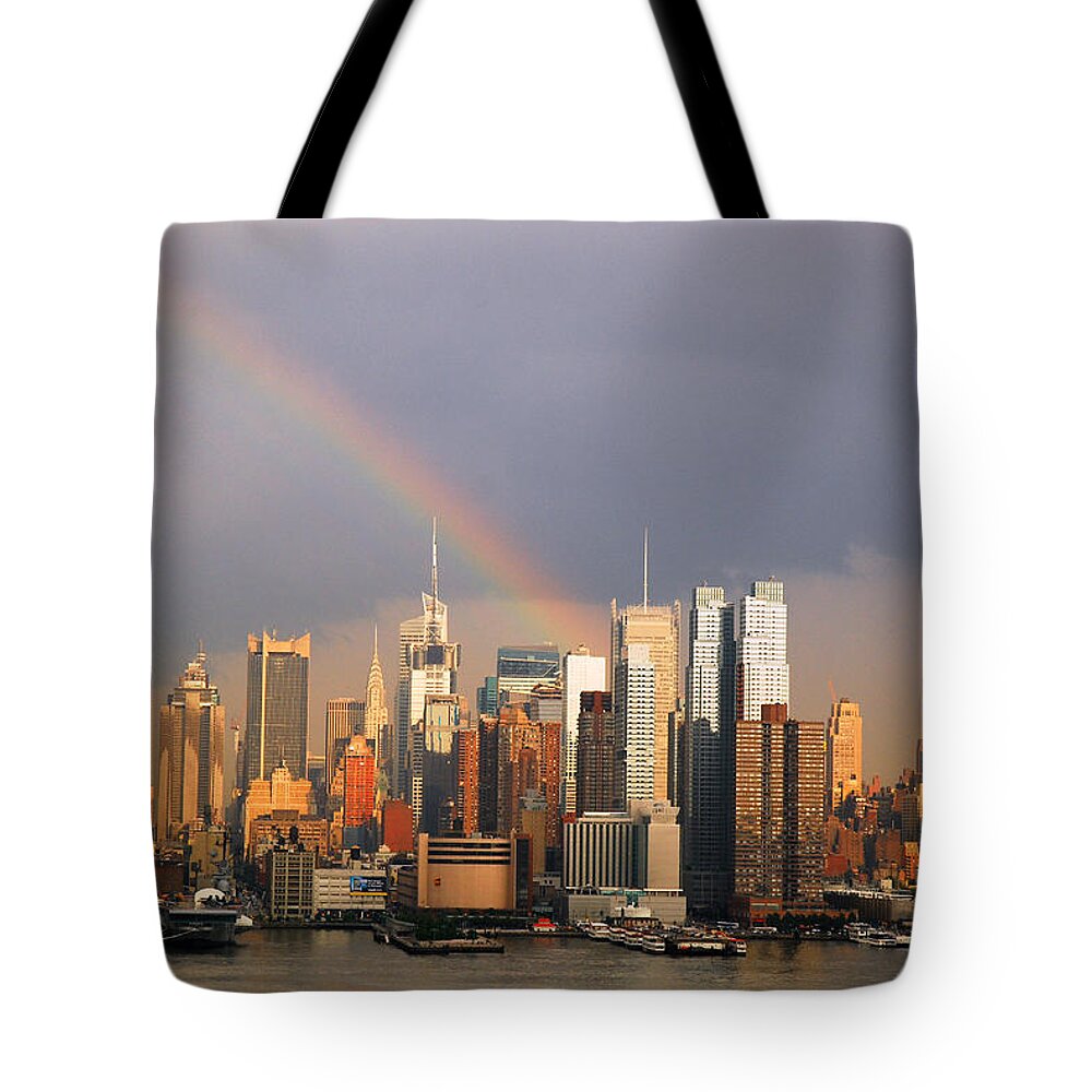 New York City Manhattan Rainbow Storm Stormy Rain Rainy Weather Clear Clearing Spectrum Hudson River Hudson River Nyc Economy Economics Bright Brighten Brightening Skyline Skyscrapers Buildings View Vista Water Day Daytime Arch United States Of America American Usa North East Northeast Northern Eastern Northeastern Travel Kirkikis Tote Bag featuring the photograph Clearing Skies Over Manhattan by James Kirkikis