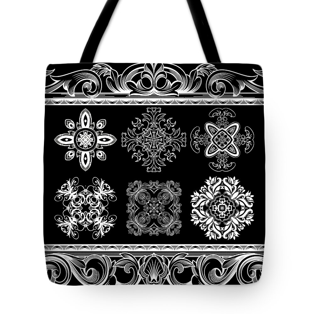 Intricate Tote Bag featuring the digital art Coffee Flowers Ornate Medallions BW 6 Piece Collage Framed by Angelina Tamez