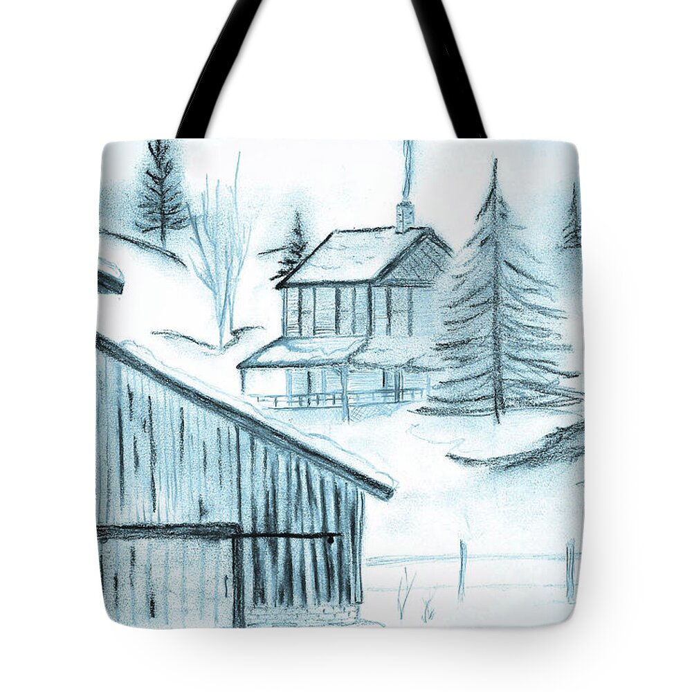 Charcoal Tote Bag featuring the drawing Colorado Farm by Shannon Harrington