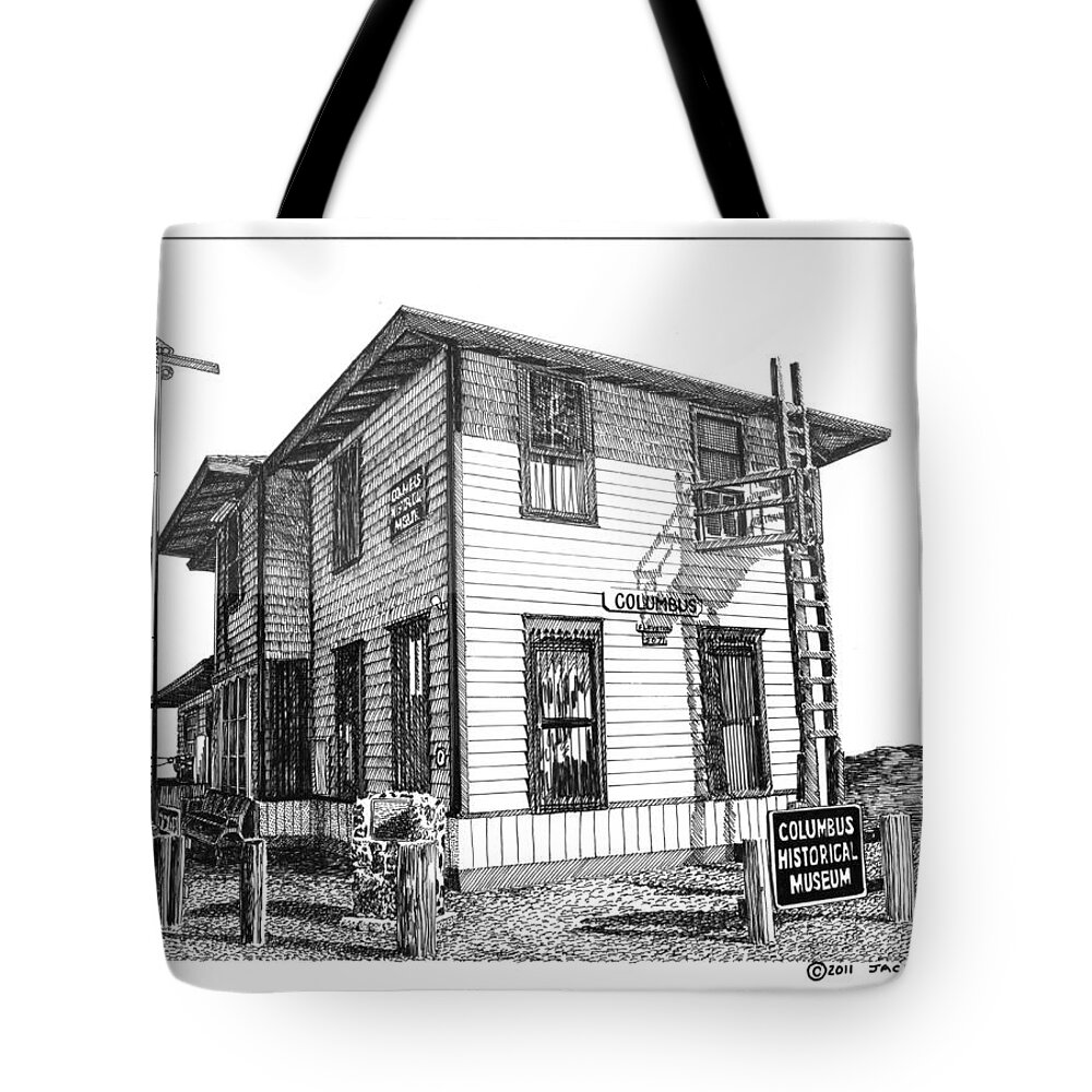 Framed Prints And Note Cards Of Ink Drawings Of Scenic Southern New Mexico. Framed Canvas Prints Of Pen And Ink Images Of Southern New Mexico. Black And White Art Of Southern New Mexico Tote Bag featuring the drawing Columbus New Mexico by Jack Pumphrey