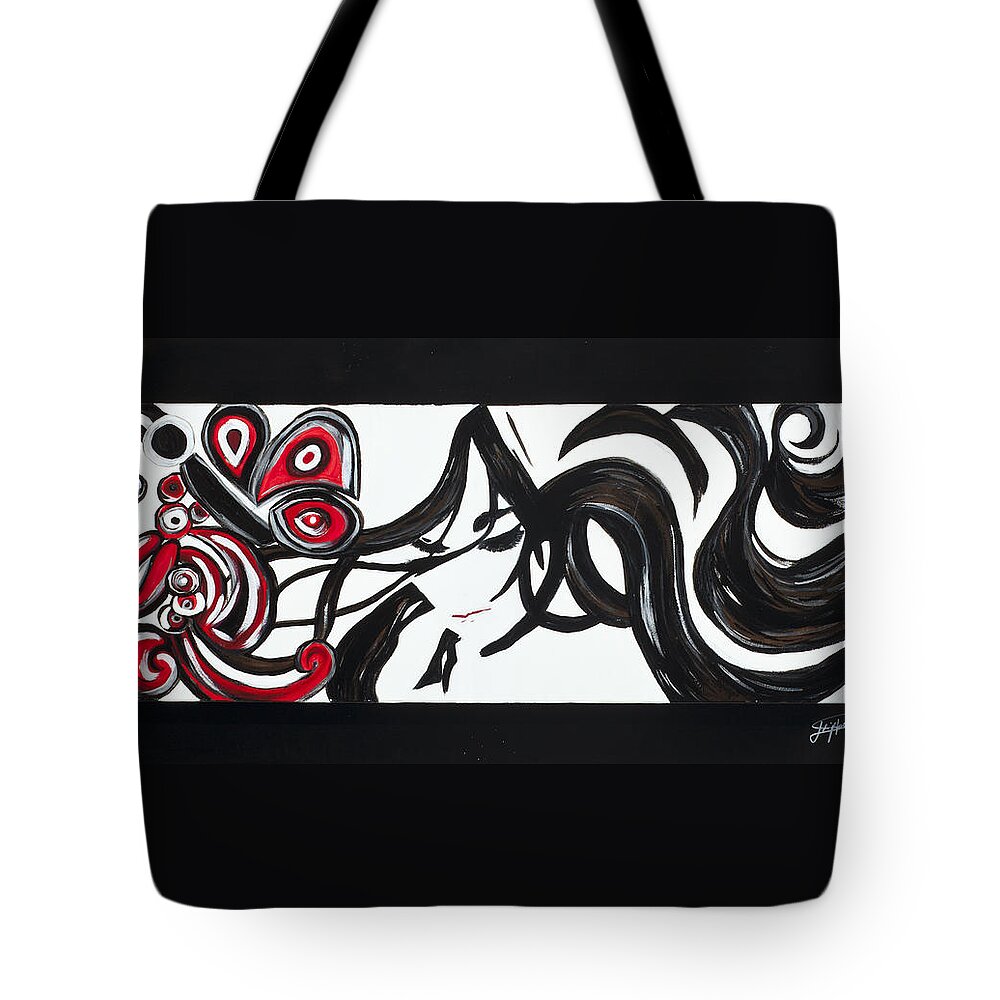 Red Tote Bag featuring the mixed media Coming out of a cocoon by Artista Elisabet