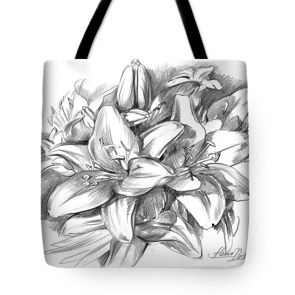 Lily Tote Bag featuring the drawing Conte pencil sketch of Lilies by Alena Nikifarava