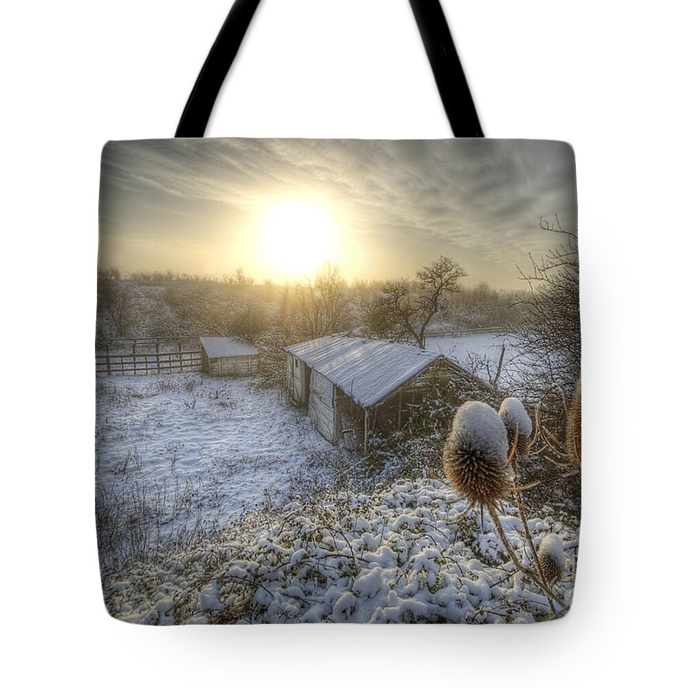 Yhun Suarez Tote Bag featuring the photograph Country Snow And Sunrise by Yhun Suarez