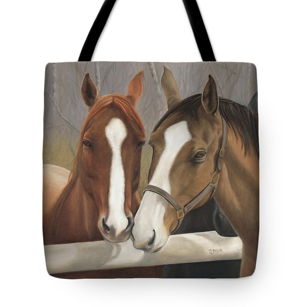 Horses Showing Affection Over The Fence Tote Bag featuring the painting Courtship by Tammy Taylor