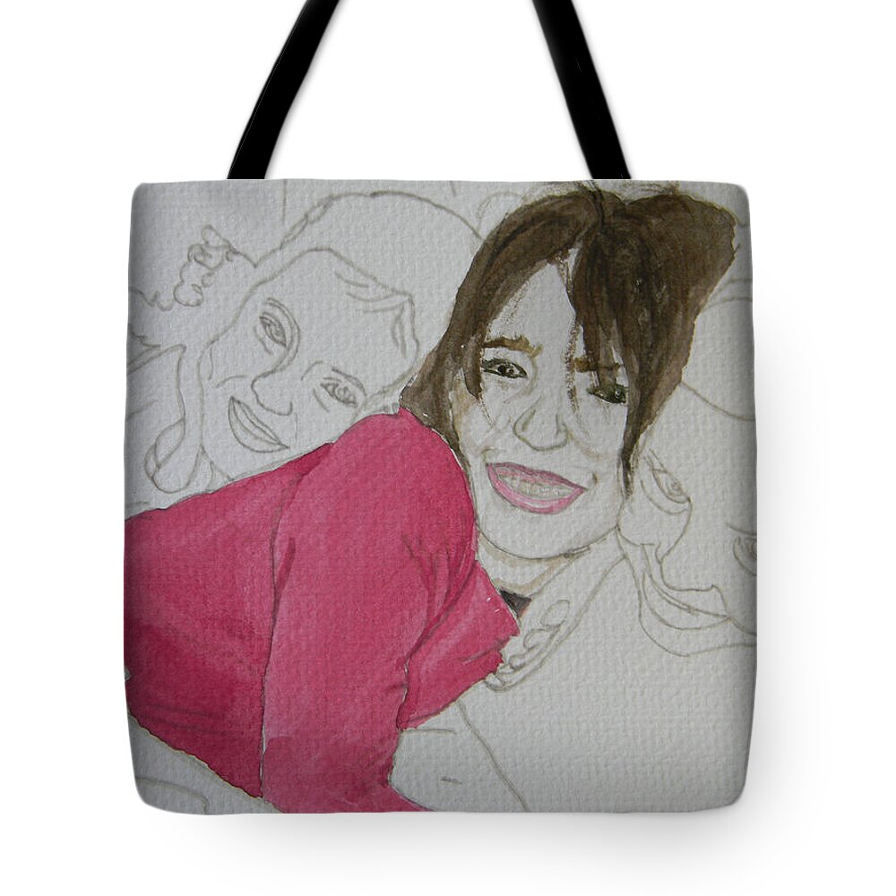 Girls Tote Bag featuring the painting Cousins Portrait 2 of 3 by Marwan George Khoury