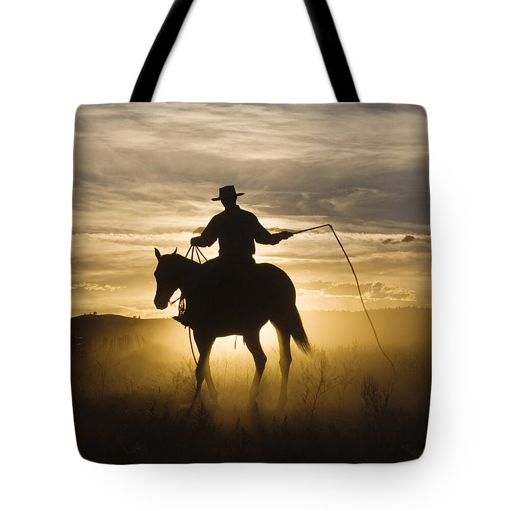 Mp Tote Bag featuring the photograph Cowboy On Domestic Horse Equus Caballus by Konrad Wothe