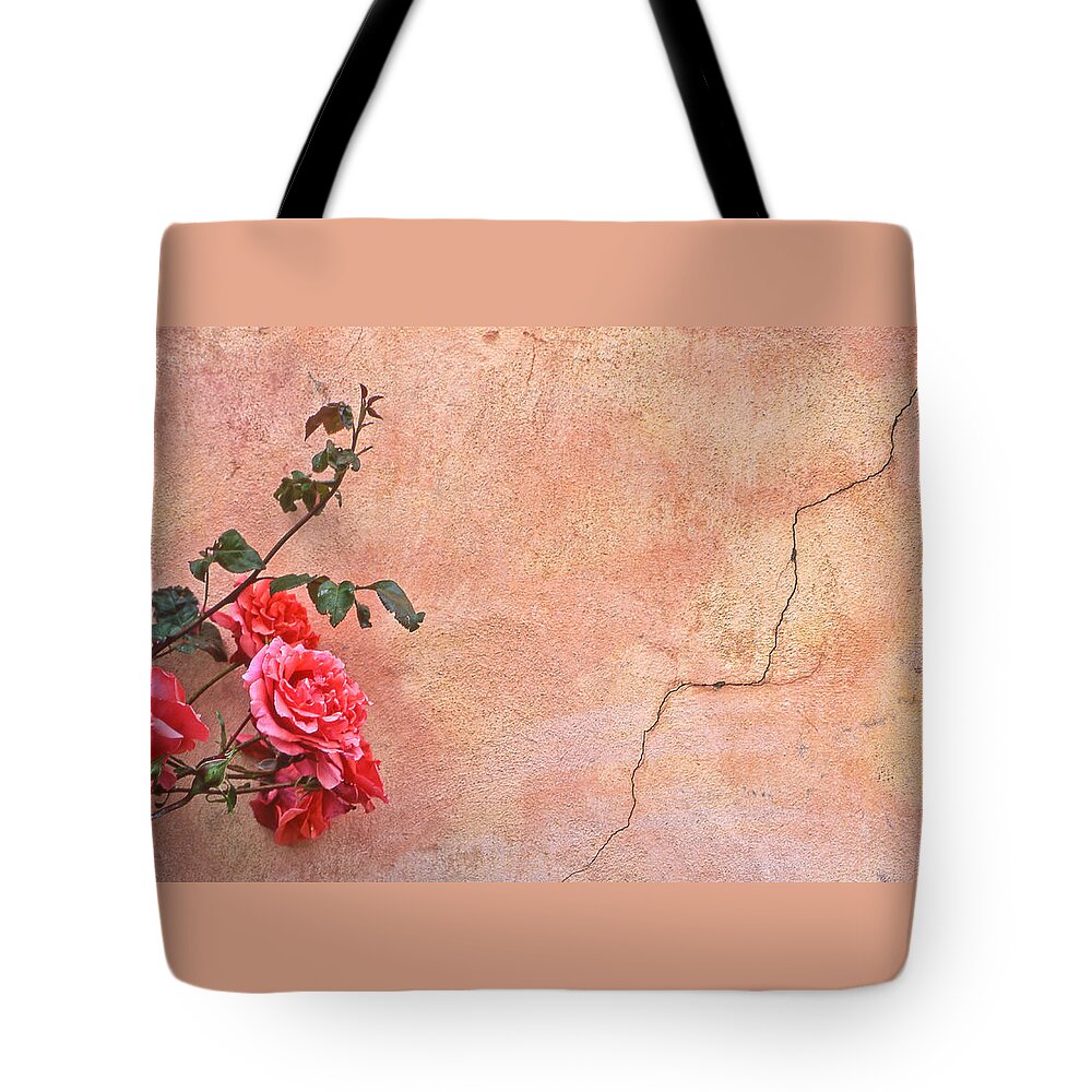 Rose Tote Bag featuring the photograph Cracked Wall and Rose by Tom and Pat Cory
