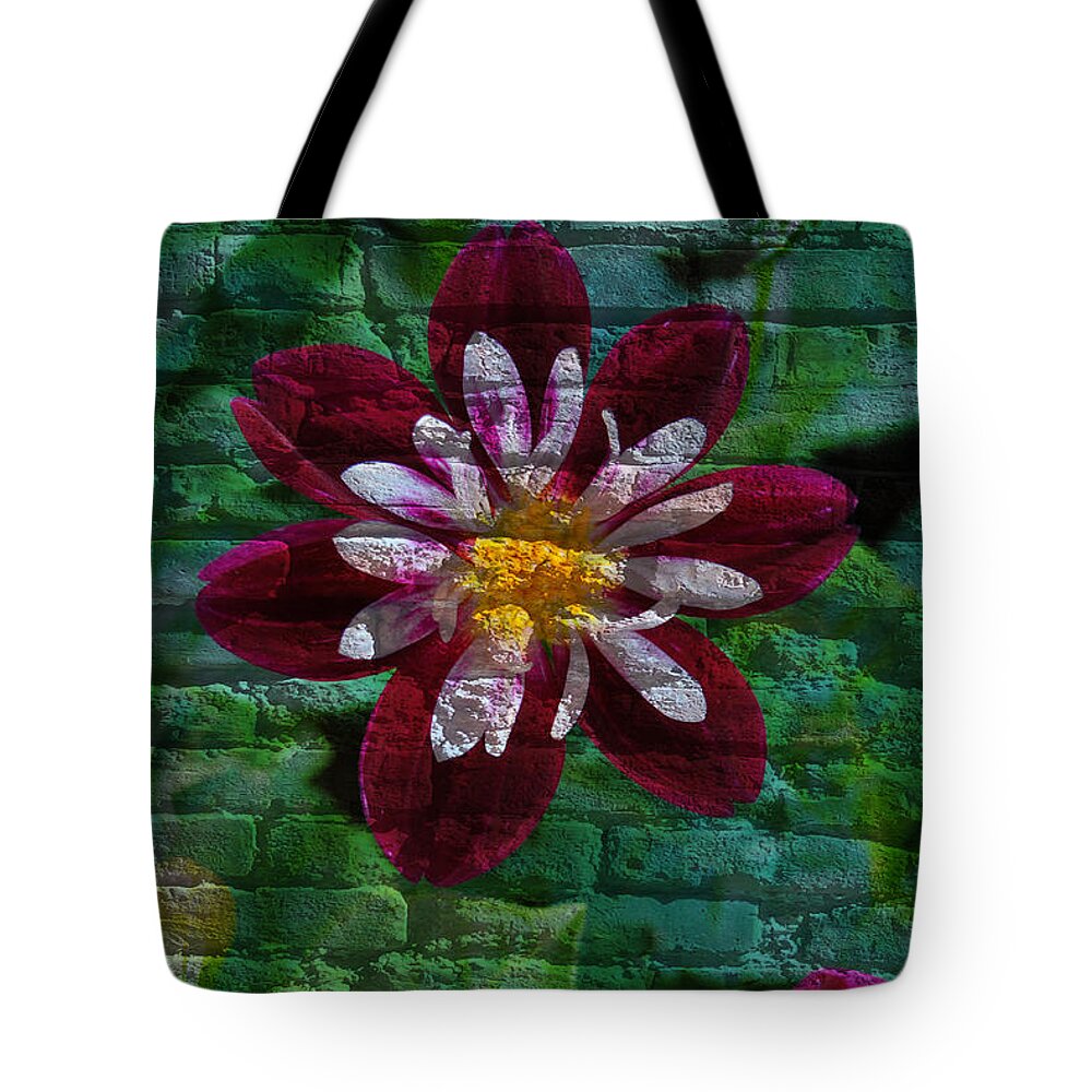 Flora Tote Bag featuring the mixed media Crazy flower over brick by Eric Liller