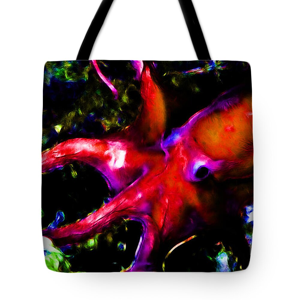 Octopus Tote Bag featuring the photograph Creatures of The Deep - The Octopus - v3 - Electric - Orange by Wingsdomain Art and Photography